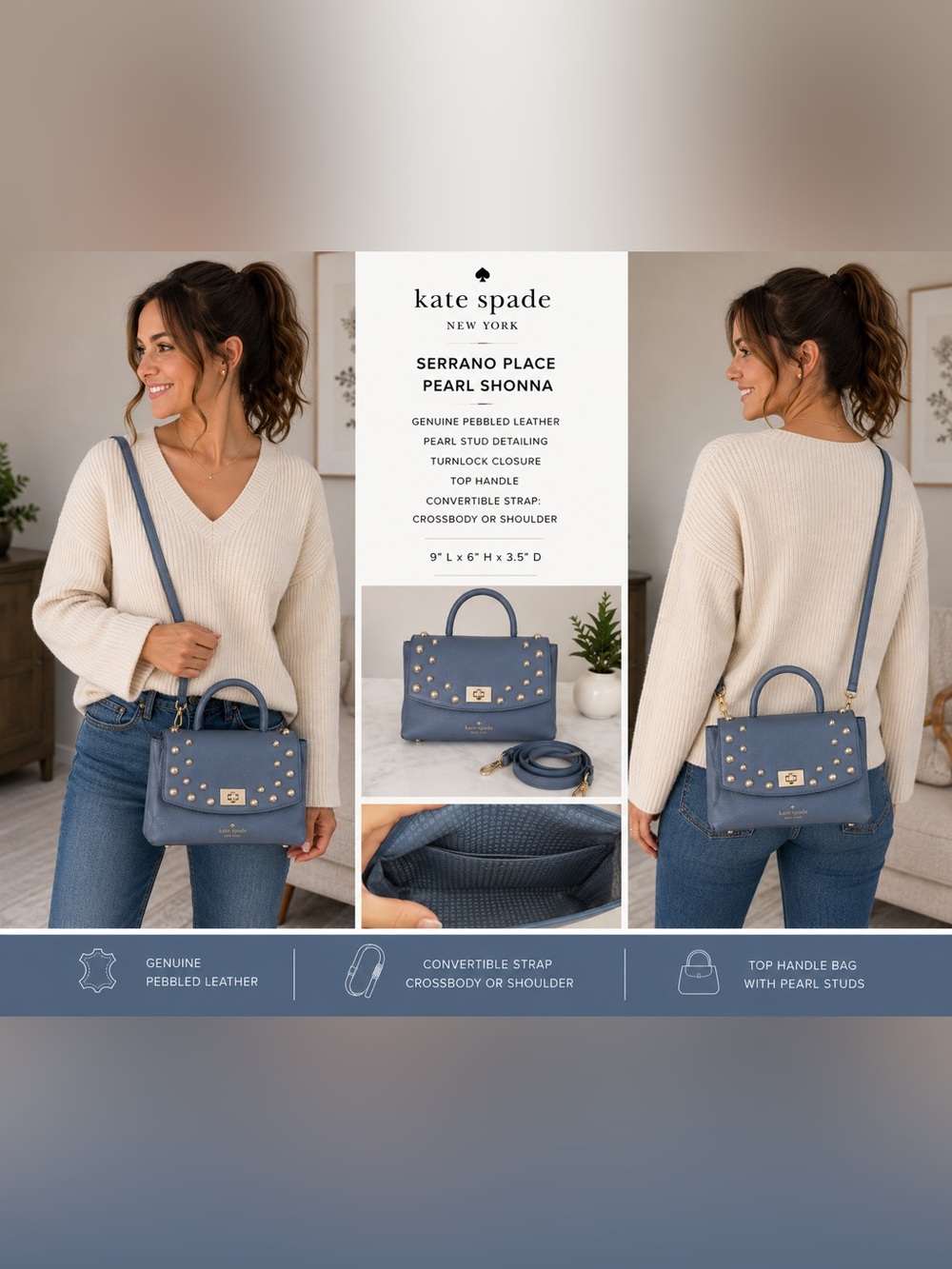 Kate Spade Serrano Place Pearl Shonna Leather Crossbody Satchel Blue
